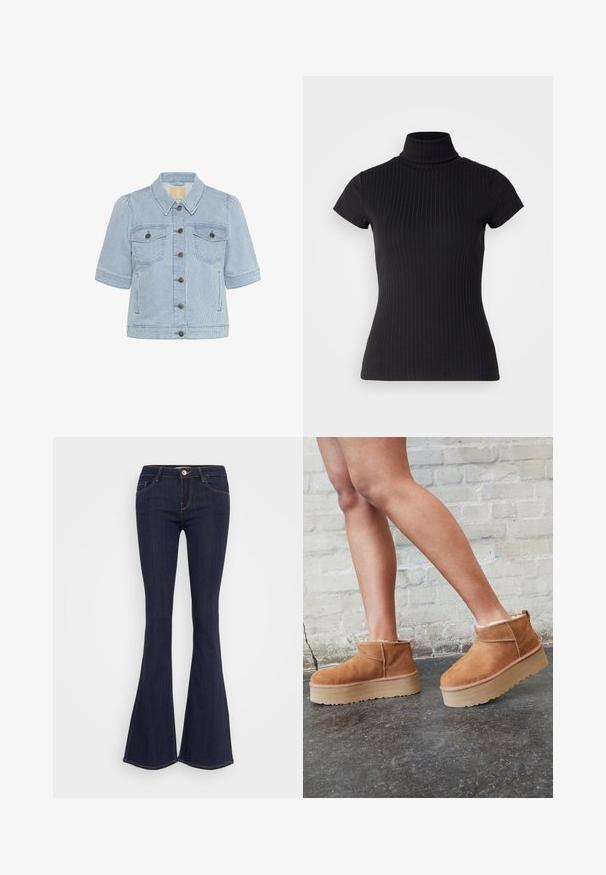 Svijetloplava prugasta traper jakna sa kratkim rukavima, dugmadi i dva džepa na prsima. Ima klasični ovratnik i teksturiranu završnu obradu.; Crna majica kratkih rukava s rolkom, izrađena od rebraste tkanine, s uskim krojem i visokim ovratnikom. Jednostavan i teksturiran uzorak.; Tamni traperici s flared nogavicama i uskim strukom, s prednjim zatvaranjem na dugme, pet džepova i šavovima duž nogu.; Smeđi antilop čizmi do gležnja s mekanim postavljanjem, debljim bež platformski potplat i stražnjim povlačnim trakama. Teksturirana površina s vidljivim šavovima.