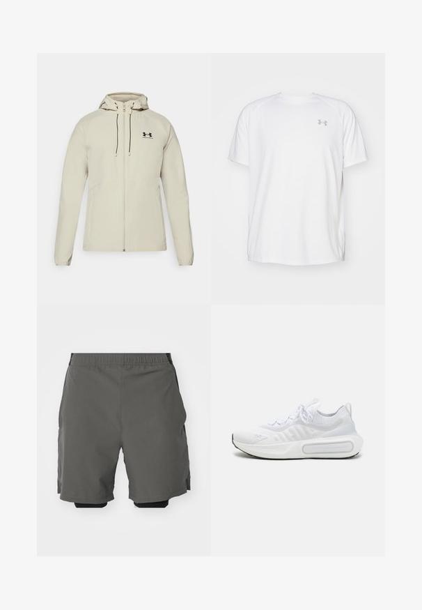 Jachetă cu glugă de culoare bej deschis, cu fermoar frontal, șnururi ajustabile și logo negru pe partea stângă a pieptului. Material neted și design ajustat.; Camică sport cu mânecă scurtă, de culoare albă, fabricată dintr-un material neted. Dispune de un guler tip crew și un logo gri pe pieptul stâng, cu slituri laterale la tiv.; Bermude atletice gri dintr-un material neted și ușor, cu un tiv elastic, având pantaloni scurți compresivi interiori și buzunare laterale.; Pantof sprețin albe cu un superior din tricot texturat, sistem de închidere cu șireturi, talpă cu amortizare și un detaliu distinctiv de branding pe lateral.