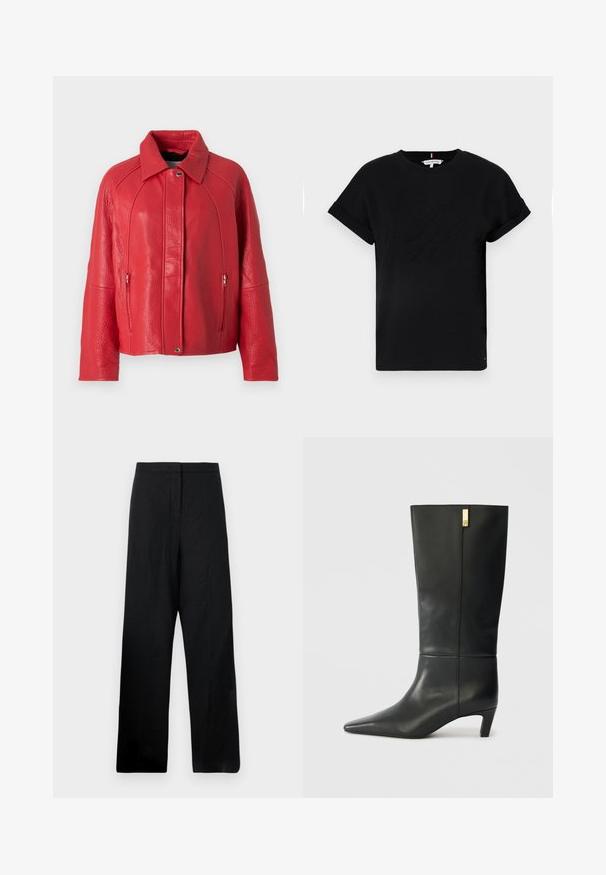 Sarkans ādas jakas ar teksturētu apdari, ar apkakli, priekšējo rāvējslēdzēju un sānu kabatām. Dizains ir strukturēts un mūsdienīgs.; Melns kokvilnas T-krekls ar sarullētām īsām piedurknēm, centrā ir izcilināts logo un neliels karoga akcents sānos.; Melni plaši bikses, kas izgatavotas no viegla auduma. Tām ir gluda tekstūra, augsta josta un minimālas šuvju detaļas.; Melnas ādas ceļgala auguma zābaki ar smailu purngalu un mazu papēdi. Īpašības ietver elegantu dizainu ar zeltu akcenta detaļu. Gluda tekstūra.