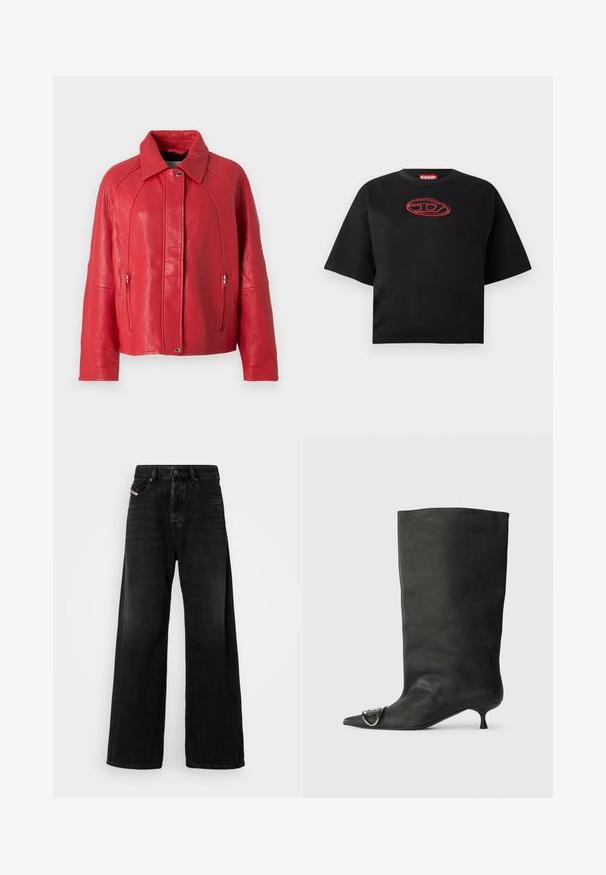 Rote Lederjacke mit strukturiertem Finish, mit einem Kragen, frontalem Reißverschluss und Seitentaschen. Das Design ist strukturiert und modern.; Schwarzes kurzes, ärmelloses cropped T-Shirt mit einem roten gestickten ovalen Logo in der Mitte der Brust.; Schwarz hochgeschnittene Jeans mit weitem Bein aus Denim, ausgestattet mit einem Knopfverschluss, vorderen Taschen und einer verwaschenen Textur.; Schwarze Leder-Ankle Boots mit spitzem Zehenbereich, kleinem Absatz und metallischen Akzenten an der Spitze. Sanfte, matte Textur im gesamten Schuh.