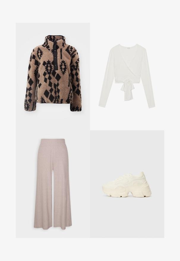 ONLY POP TEDDY - Vinterjakke - mocha meringue,black; Hvit langermet innpakningstopp med v-hals og knyttedetalj foran. Laget av mykt stoff, har en kort design. Glatt tekstur.; Lys grå vide ben bukser laget av mykt, ribbestrikket stoff, med høy midje og hel lange ben med subtil tekstur.; Chunky hvite sneakers laget av teksturert mesh og syntetiske materialer, med en tykk såle og intrikate mønsterdetaljer langs sidene.