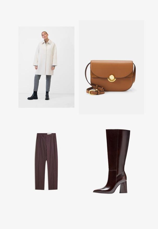 Hvid uldblandingsfrakke med klassisk krave, front lukning med knapper, sidelommer og afslappet pasform. Kombinationen med grå skræddersyede bukser og sorte støvler.; Brun turtle-neck sweater lavet af blødt stof, med en tætsiddende design, ribbet krave og manchetter, samt en let cropped søm.; Lilla stribede bukser med plisseringer, der har høj talje og lige ben. Fremstillet af et glat, tekstureret stof.; Brune læder knæhøj støvle med spids tå og tekstureret blokhælb. Har rent design og minimal syning.; Brun læder crossover-taske med afrundede kanter, magnetisk klaplukning og guldbeslag. Justerbar rem for alsidighed.