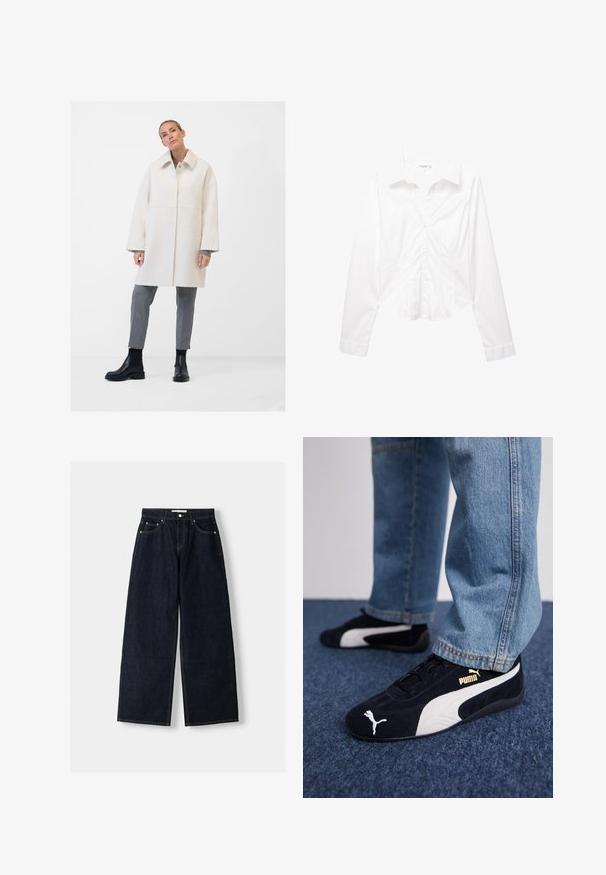 Witte wolblendjas met een traditionele kraag, voor sluiting met knopen, zijzakken en een ontspannen pasvorm. Gepaard met grijze maatwerk broek en zwarte laarzen.; Witte langslijf damesblouse met knopen en kraag, met subtiele naaddetails en een licht gebogen zoom.; Donkerblauwe denim wijduitlopende jeans met een hoge taille, vijf zakken, contrasterende stiksels en zilveren metalen hardware. Gladde textuur en een nette afwerking.; Zwarte suède sneakers met witte accenten, voorzien van een gouden logo. Gemaakt met lichtblauwe spijkerbroek en geplaatst op een textuur blauwe ondergrond.