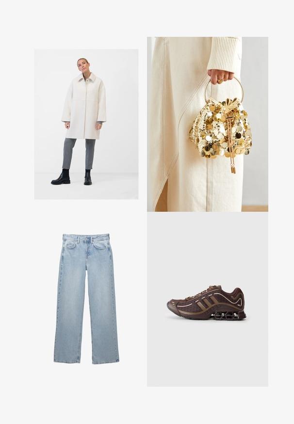Weißer Wollmischungs-Mantel mit traditionellem Kragen, Knopfverschluss vorne, Seitentaschen und lockerer Passform. Kombiniert mit grauen, maßgeschneiderten Trousers und schwarzen Stiefeln.; Schwarzes Langarm-Oberteil aus weichem Stoff, mit einem drapierten Design, das eine überlappende Front und einen U-Boot-Ausschnitt aufweist. Geschmeidige Textur, cropped Länge.; Helleblaue Denim-Jeans mit weit geschnittenem Design, ausgestattet mit einem Knopf- und Reißverschluss, fünf Taschen und minimalen Nähten.; Brauner Sportschuh mit Mesh- und Synthetik-Obermaterial, mit drei Streifen, detaillierter Steppnaht, dämpfender Sohle und charakteristischem federndem Absatz.; Goldfarbene Drawstring-Handtasche mit einem runden Griff, verziert mit glänzenden runden Pailletten und einem strukturierten Stoff. Abmessungen sind nicht angegeben.