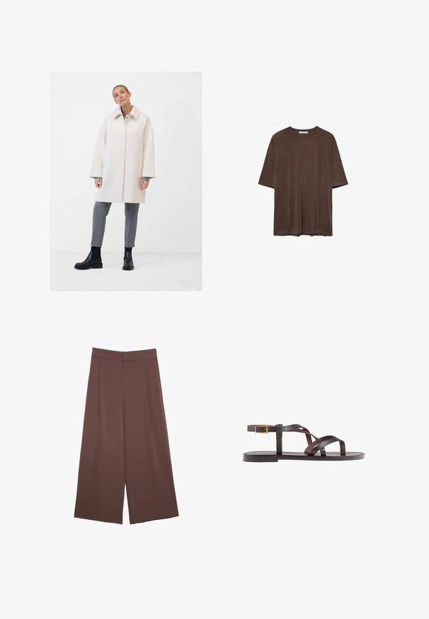 Cappotto in misto lana bianco con colletto tradizionale, chiusura frontale con bottoni, tasche laterali e vestibilità rilassata. Abbinato a pantaloni grigi su misura e stivali neri.; T-shirt marrone a maniche corte realizzato in tessuto morbido, con scollo rotondo e vestibilità comoda. Texture liscia senza motivi o dettagli.; Pantaloni ampi marroni con una texture liscia, caratterizzati da una vita alta e pieghe frontali. Il tessuto è leggero e scorre liberamente.; Sandal in pelle marrone con cinturini incrociati, chiusura con cinturino alla caviglia e suola piatta con dettagli di cucitura minimi.