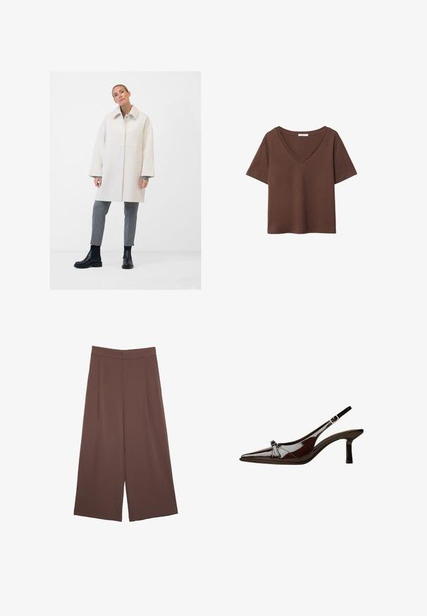 Vit ullblandad kappa med en traditionell krage, framknäppning, sidofickor och avslappnad passform. Matchas med grå skräddarsydda byxor och svarta stövlar.; Brun bomulls t-shirt med korta ärmar och djup V-ringning. Enkel design, mjuk textur och rak fåll. Inga mönster eller dekorationer.; Bruna vida byxor med en slät textur, som har hög midja och framfickor. Tyget är lätt och flödar löst.; Brun lackläder slingback-sko med spetsig tå, låg klack och en dekorerande rosett på framsidan. Slät, glansig yta.