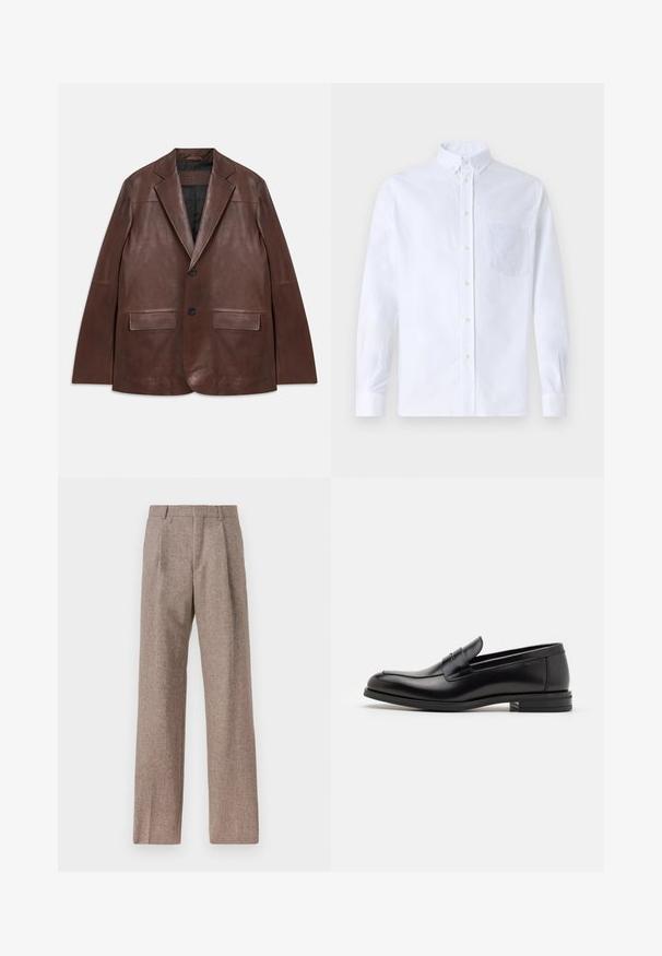Tamsiai rudas odinis blazeris su įpjovomis apykaklėmis, dviem juodais mygtukais, kišenėmis su užklotais ir juodu pamušalu, išdėstytas ant balto fono.; Balta ilga rankovė mygtukų marškiniai, pagaminti iš medvilnės, su krūtine kišene ir toniniu siuvinėjimu, apykakle ir mygtukų apvadu.; Rudos, aukšto liemens kelnes, pagamintas iš tekstūruotos medžiagos. Plati kojos, dvi priekinės klostės struktūrai. Tvarkingas apdailos darbai, be matomų detalių.; Juodos odinės loafers, turinčios lygų paviršių, apvalią noselę ir dekoratyvinę juostą per priekinę dalį. Žemas krentantis kulnas, minimalistinis dizainas.