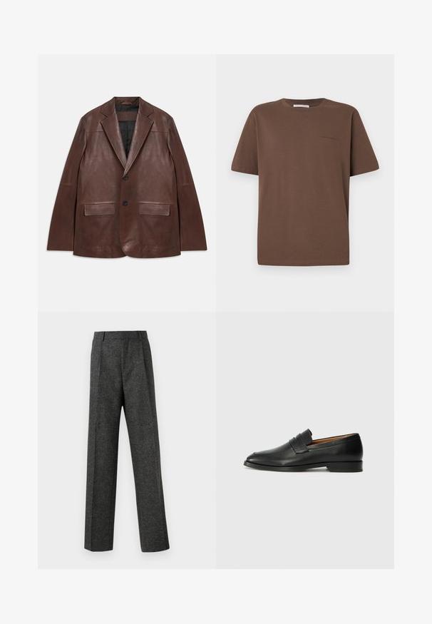 Tamno smeđi kožni blejzer s odrezanim reverima, dva crna dugmeta, džepovima s preklopom i crnim unutarnjim podstavom, položen ravno na bijeloj pozadini.; Smeđa pamučna majica s okruglim izrezom, kratkim rukavima i malim logom otisnutim sprijeda. Ravan tekstilni uzorak, ležeran kroj.; Sive prilagođene hlače od teksturiranog materijala, s dva prednja nabora i ravnim krojem. Nema vidljivih džepova ili ukrasa.; Crni kožni loafer s okruglim vrhom, suptilnim šavovima i niskim petama, s glatkom teksturom i minimalističkim dizajnom.