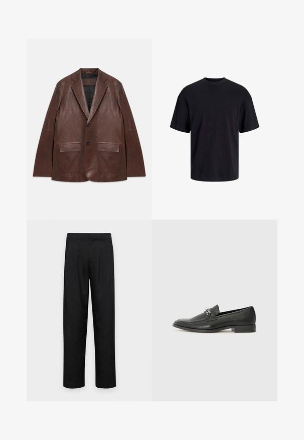 Blazer de cuero marrón oscuro con solapas de pico, dos botones negros, bolsillos con tapa y forro interior negro, dispuesto sobre un fondo blanco.; Camiseta de algodón negra con cuello redondo, mangas cortas y un ajuste relajado. Textura suave y sin patrones ni acentos visibles.; Pantalones negros de tela suave, con un diseño de pierna recta, dos pliegues frontales y una cintura estándar con trabillas para el cinturón.; Mocasín de cuero negro con un acabado suave, que cuenta con un diseño de costura y un acento decorativo de cadena de metal en el empeine. Tacón plano.