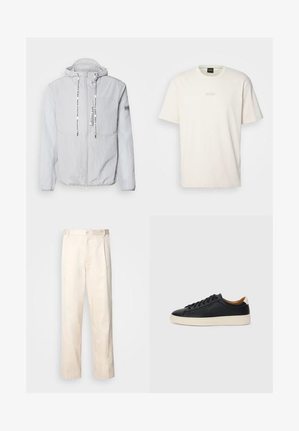 Heled hallist kapuutsiga jakk, mis on valmistatud tekstuurilisest kangast. Omab eesmist lukku, tõmblukke bränditekstiga ja käisel marki. ; BOSS TEE - Lihtne T-särk - open white; Beesidised puuvillased püksid sirge jala lõikega, mis on varustatud nööpkinnituse ja ees olevate voltidega, et lisada detaili.; Mustad nahast tennised sujuva pindadega, beež kummist tallaga, paelaga kinnitamine ja kontrastse kanna aktsendiga.