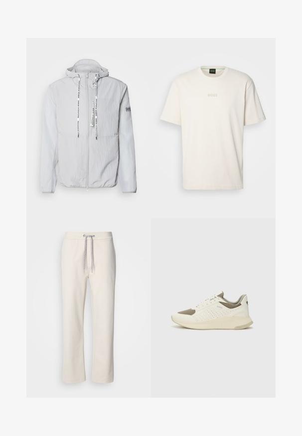 Heled hallist kapuutsiga jakk, mis on valmistatud tekstuurilisest kangast. Omab eesmist lukku, tõmblukke bränditekstiga ja käisel marki. ; BOSS TEE - Lihtne T-särk - open white; Kreemivärvilised igapäevased püksid, millel on paelaga vöö ja sirged jalad, esitledes puhtal valgel taustal.; Valge ja heledat beeži värvi spordijalats, millel on õhuke võrkmaterjal, perforatsioonidega detailid ning tekstuuriga vahetald, millel on brändi logo kannaosas.