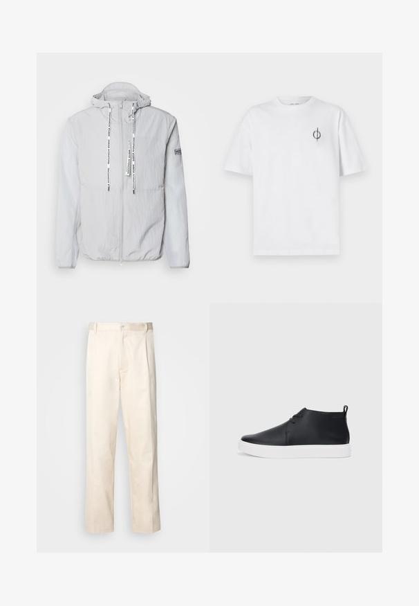 Casaco capuz cinza claro feito de um tecido texturizado. Apresenta um fecho frontal, cordões com texto da marca e um patch na manga.; Camisa de algodão branca com um corte relaxado, apresentando um pequeno logótipo gráfico preto na área do peito esquerdo. Mangas curtas, estilo de gola redonda.; Calças de algodão bege com corte reto, apresentando um fecho de botão e pregas na frente para um detalhe adicional.; Sapatilhas altas de couro preto com um acabamento suave, sola de borracha branca e um design simples de atacadores. Apresenta uma alça na parte de trás.