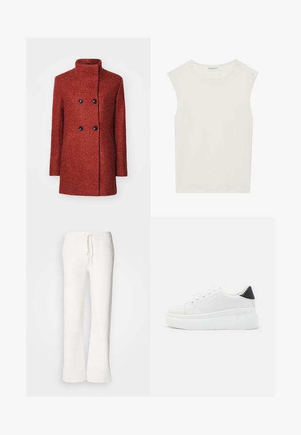 ONLY NEWSOPHIA - Kort kappa / rock - roasted russet melange; Vit ärmlös topp med rund halsringning. Tillverkad av ett mjukt tyg, har den en avslappnad passform och minimalistisk design. Inga mönster eller detaljer.; Vita, avslappnade sweatpants i mjukt material, med elastisk midja och dragsko samt raka ben.; Vita plattformssneakers gjorda av slät syntetiskt material, med rund tå, snörningsdesign och en texturerad gummisula. Svart hälaccent.