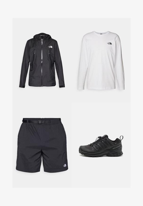 Schwarze wasserdichte Jacke mit Kapuze, ausgestattet mit einem Frontreißverschluss, zwei Reißverschlusstaschen und einem Logo auf der Brust. Glatte Textur, leichtes Design.; Weißes langärmliges T-Shirt aus Baumwolle mit Rundhalsausschnitt. Verfügt über ein kleines schwarzes Logo auf der Brust. Glatte Textur, reguläre Passform.; Schwarze leichte Shorts mit lockerer Passform, ausgestattet mit einem verstellbaren Gürtel, Seitentaschen und dem North Face Logo am unteren rechten Bein.; Schwarzer Sportschuh mit einer strukturierten, synthetischen Oberseite, gepolsterten Sohle und einem schnellen Schnürsystem. Verfügt über eine verstärkte Zehen- und Fersenkappe.