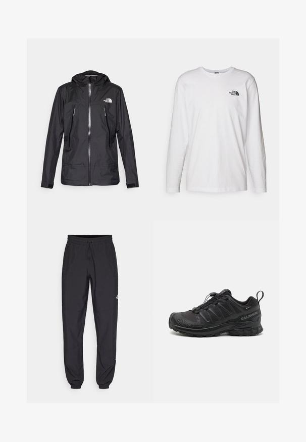 Black waterproof jacket with a hood, featuring a front zipper, two zippered pockets, and a logo on the chest. Smooth texture, lightweight design.; White long-sleeve T-shirt made of cotton with a crew neck. Features a small black logo on the chest. Smooth texture, regular fit.; Black athletic pants made from lightweight fabric, featuring a drawstring waistband, side pockets, and tapered cuffs at the ankles.; Black athletic shoe with a textured synthetic upper, cushioned sole, and a quick-lacing system. Features a reinforced toe and heel.