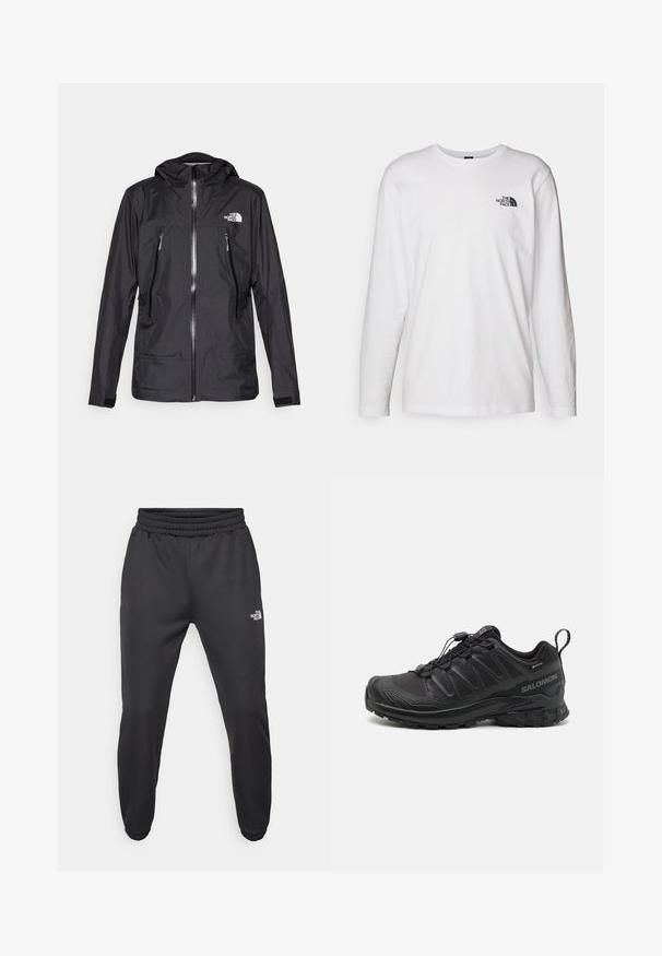 Zwarte waterdichte jas met een capuchon, voorzien van een rits aan de voorkant, twee ritszakken en een logo op de borst. Glad textuur, lichtgewicht ontwerp.; Witte lange mouwen T-shirt gemaakt van katoen met een ronde hals. Beschikt over een klein zwart logo op de borst. Soepele textuur, normale pasvorm.; Zwarte sweatpants met een trekkoord in de taille, tapered fit, elastische boorden en een klein wit logo op de linker dij, gemaakt van gladde stof.; Zwarte sportieve schoen met een gestructureerde synthetische bovenkant, een gevoerde zool en een snelvetersysteem. Heeft een verstevigde neus en hiel.