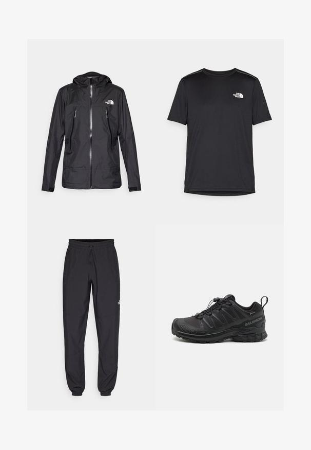 Schwarze wasserdichte Jacke mit Kapuze, ausgestattet mit einem Frontreißverschluss, zwei Reißverschlusstaschen und einem Logo auf der Brust. Glatte Textur, leichtes Design.; Schwarzes T-Shirt mit kurzen Ärmeln aus leichtem Stoff. Mit einem kleinen weißen Logo auf der linken Brust und dezenten Akzenten an den Schultern.; Schwarze Sporthosen aus leichtem Stoff, mit einem Kordelzugbund, seitlichen Taschen und schmal zulaufenden Bündchen an den Knöcheln.; Schwarzer Sportschuh mit einer strukturierten, synthetischen Oberseite, gepolsterten Sohle und einem schnellen Schnürsystem. Verfügt über eine verstärkte Zehen- und Fersenkappe.