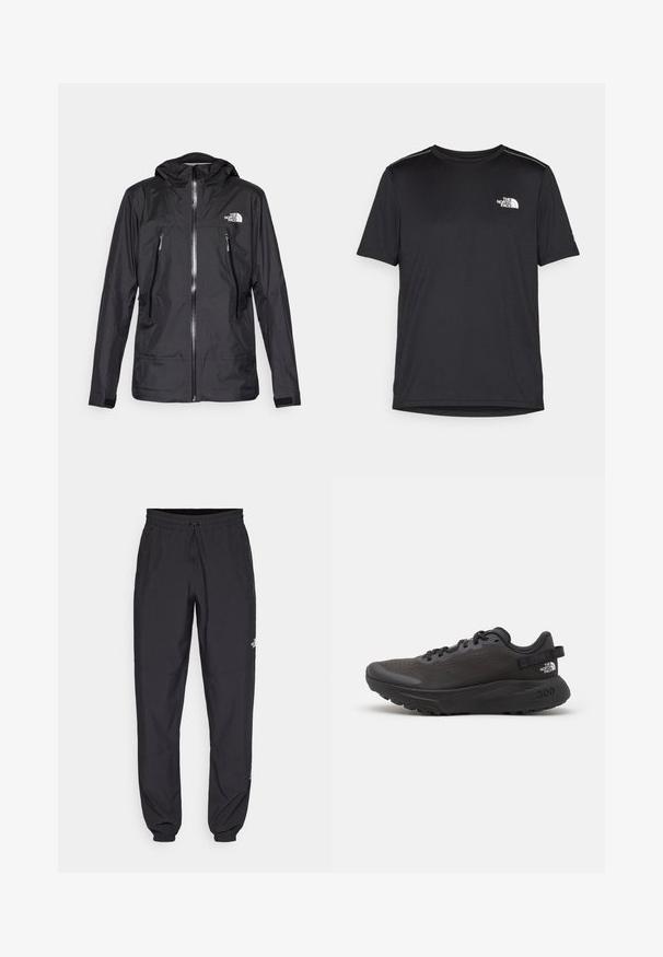 Melnā ūdensizturīgā jaka ar kapuci, ar priekšējo rāvējslēdzēju, divām rāvējslēdzēju kabatām un logo uz krūškurvja. Gluda tekstūra, viegls dizains.; Melnas īsām piedurknēm T-kreklas, izgatavots no viegla auduma. Uz kreisā krūtīm ir neliels balts logo un smalki plecu akcenti.; Melni sporta bikses, kas izgatavotas no viegla auduma, ar savelcamu jostu, sānu kabatām un sašaurinātiem apakšējiem galiem pie potītēm.; Melna sporta apava ar sietiņu augšdaļu, mīkstu apkakli un gumijas zoli. Ar teksturētu dizainu un zīmolu uz papēža. Viegls konstrukcijas risinājums.