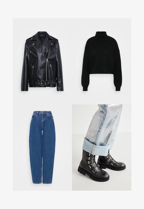 Veste de moto en cuir noir avec un col cranté, une fermeture éclair asymétrique, de multiples poches zippées et une taille ceinturée.; Pull en laine noir court avec col roulé haut, texture côtelée et manches larges. Fabriqué en matière tricot douce. Design simple sans motifs.; Jeans en denim bleu avec une coupe loose, taille haute et design droit. Présente des coutures traditionnelles et cinq poches.; Bottines en cuir noir avec cinq boucles argentées, une semelle épaisse noire, associées à un jean en denim métallique bleu clair retroussé.