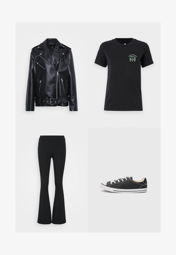 Black leather motorcycle jacket featuring a notched collar, asymmetric zipper, multiple zippered pockets, and a belted waist.; Converse FOREST ART TEE - Print T-shirt - black; Black flared pants made of stretchy fabric, featuring a high waistband and a smooth texture. The pants flare out from the knee.; Converse CHUCK TAYLOR ALL STAR DAINTY LUCKY - Trainers - black/white