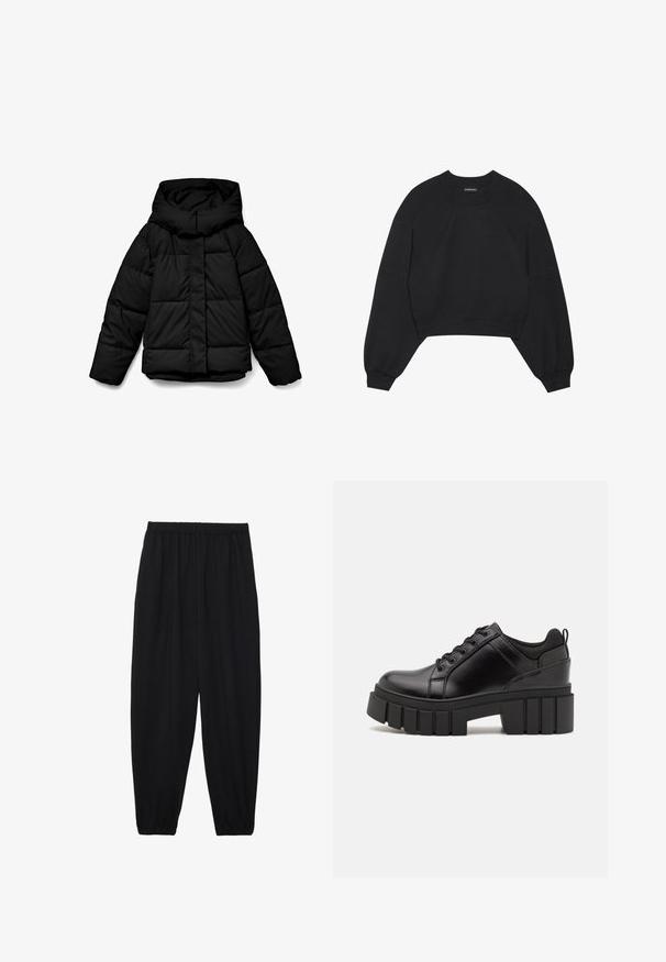 Musta topattu takki hupulla, jossa tikattu kuvio, edessä vetoketju ja pitkät hihat. Kangas on sileä ja eristetty.; Mustat lyhyet hupparit, jotka on valmistettu pehmeästä kankaasta. Niissä on pitkät raglan-hihat, pyöreä kaula-aukko ja joustavat hihansuut. Ei huomattavia kuvioita tai muuta varustusta.; Mustat, kevyet housut, joissa on joustava vyötärö ja kerätyt nilkat. Kangas on sileä ja siinä on rento, kapeneva muotoilu.; Mustat nahkakengät, joissa on lättihenkinen korko, pyöreä kärki ja perinteinen nauhakiinnitys. Ominaisuuksiin kuuluu sileä pintakuvio ja minimaalinen yksityiskohtaisuus.