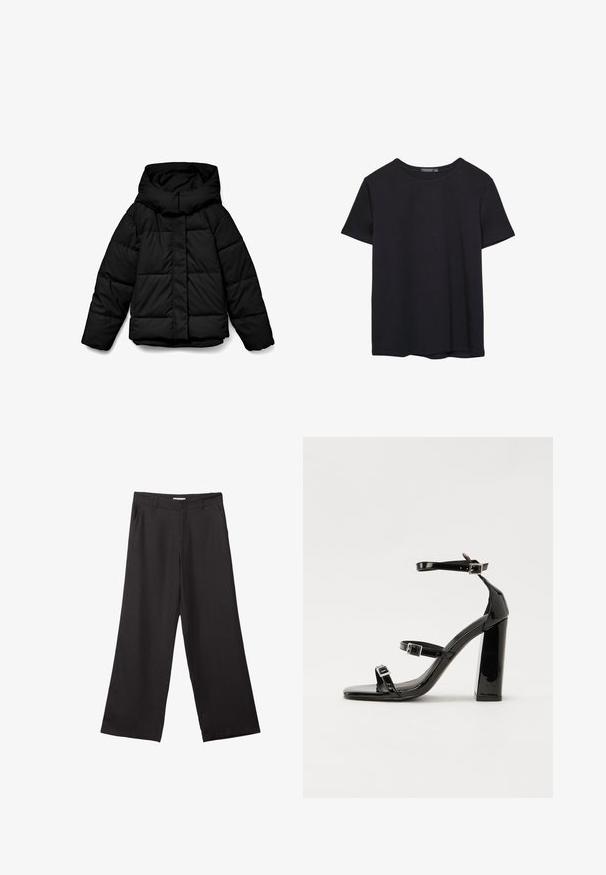 Czarna puchowa kurtka z kapturem, z pikowanym wzorem, przednim zamkiem błyskawicznym i długimi rękawami. Materiał jest gładki i ocieplany.; Prosta, krótko rękawowa czarna koszulka bawełniana z okrągłym dekoltem, prezentowana na białym tle.; Czarne spodnie z szerokimi nogawkami, wykonane z gładkiego materiału, z przednim zamkiem błyskawicznym i dwoma bocznymi kieszeniami, o dopasowanym kroju i minimalistycznym wzornictwie.; Czarne lakierowane sandały na obcasie z kwadratowym noskiem, z paskami wokół kostki i srebrnymi klamrami. Posiadają masywny słupek dla stabilności.