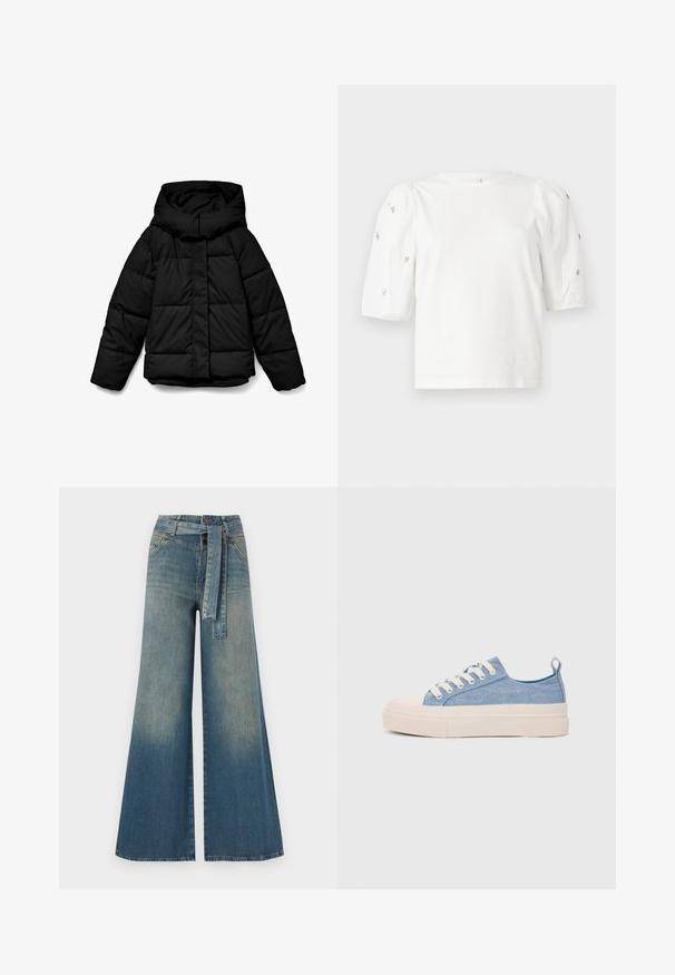 Geacă puf neagră cu glugă, cu design matlasat, fermoar frontal și mâneci lungi. Țesătura este netedă și izolată.; Tricou alb din bumbac cu mâneci scurte tip bufantă, având mici embellisheuri argintii pe mâneci. Decolteu clasic rotund, croială lejeră.; Pantaloni din denim largi, cu un gradient de la albastru deschis la albastru închis, talie înaltă, bucle pentru curea și o curea din același material. Finisaj texturat din denim.; Sneakers din pânză de culoare albastru deschis, cu vârf și talon din cauciuc crem, având șireturi albe și un maner pe călcâi.