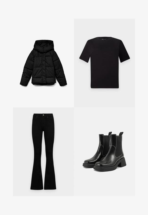 Geacă puf neagră cu glugă, cu design matlasat, fermoar frontal și mâneci lungi. Țesătura este netedă și izolată.; Tricou scurt negru cu mânecă scurtă și guler rotund, realizat dintr-un material de bumbac moale. Design simplu, fără logo-uri sau modele vizibile.; Jeans negri cu talie înaltă, cu închidere prin nasture și fermoar, buzunare frontale și picioare evazate, așezați pe un fundal alb.; Botine Chelsea din piele neagră, cu toc masiv, panouri laterale elastice și cusături albe contrastante. Finisaj texturat.