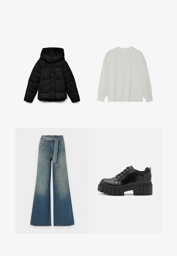Geacă puf neagră cu glugă, cu design matlasat, fermoar frontal și mâneci lungi. Țesătura este netedă și izolată.; Tricou pe șir cu mâneci lungi, de culoare gri deschis, confecționat din bumbac moale. Are o croială lejeră, decolteu rotund și manșete ușor bufante. Fără modele sau grafica.; Pantaloni din denim largi, cu un gradient de la albastru deschis la albastru închis, talie înaltă, bucle pentru curea și o curea din același material. Finisaj texturat din denim.; Pantofi cu talpă plată din piele neagră, cu toc gros, vârf rotund și design tradițional cu șireturi. Prezintă o textură netedă și detalii minime.