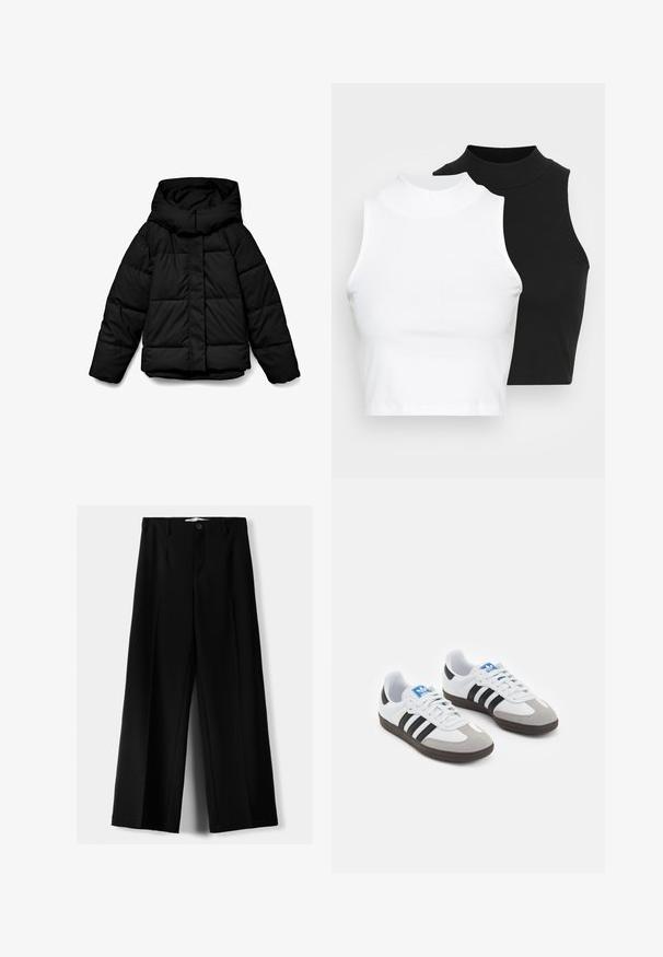 Fekete kapucnis pufi dzseki, steppelt mintával, elől cipzárral és hosszú ujjakkal. Az anyaga sima és szigetelt.; Két ujjatlan, bordázott garbós top fekete és fehér színben, testhezálló kialakítással és sima textúrával, rövidített hosszal.; Fekete, bő szárú nadrág, könnyű anyagból, elöl gombos záródással és sima elfröccsenésű fazonnal, szépen varrott szegélyekkel.; Fehér bőr felsőrészes sportcipő, szürke velúrból készült orral és három fekete csíkkal. Jellemzője a kék logó a nyelvén és egy texturált gumitalp.