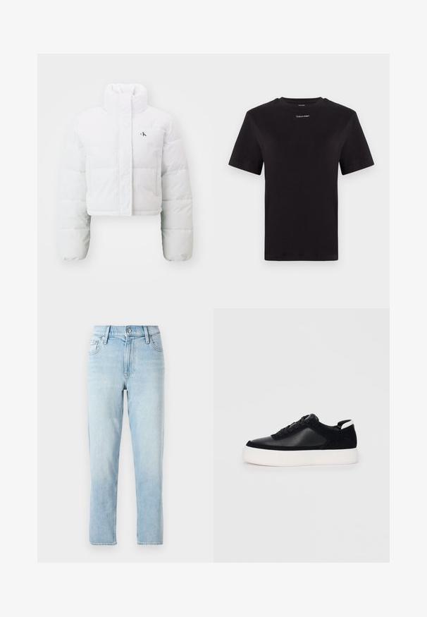 Cropped white puffer jacket with high collar, quilted design, and embroidered logo on left chest. Features long sleeves and smooth texture.; Black cotton t-shirt with short sleeves, crew neck, and small white "Calvin Klein" logo at the chest. Smooth texture, classic fit.; Light blue denim jeans, straight-leg design, mid-rise waist, with five-pocket styling and a button closure at the front.; Black sneaker with smooth leather and suede panels, flat laces, rounded toe, and a white rubber sole. Distinct logo on the heel.