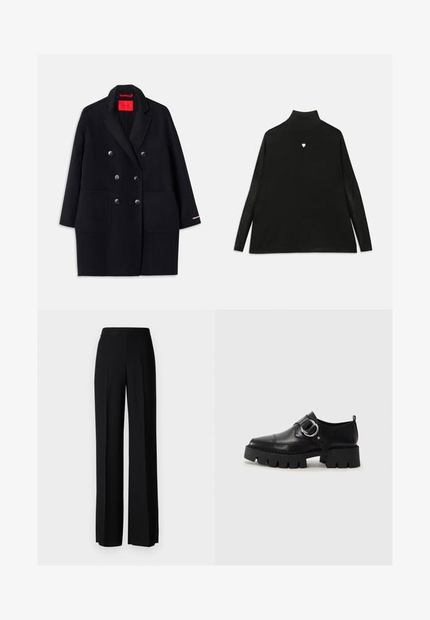 Schwarzer taillierter Doppelreiher-Koat mit großen Fronttaschen, Knopfdetails und einer weichen Textur. Mit einem kontrastierenden pinken Akzent an den Ärmeln.; Schwarzer Rollkragenpullover mit langen Ärmeln, ausgestattet mit einem kleinen weißen Herz-Emblem auf der Brust. Weicher Stoff und lockere Passform.; Schwarze weite Hosen mit einer glatten Textur, ausgestattet mit einem hohen Bund und mittleren Falten. Keine sichtbaren Muster oder Hardware-Details.; Schwarze Leder Schuhe mit einer dicken, gerippten Sohle, die mit einer runden silbernen Hardware-Akzent und minimalen Stickdetails ausgestattet sind.
