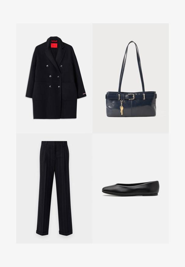 Schwarzer taillierter Doppelreiher-Koat mit großen Fronttaschen, Knopfdetails und einer weichen Textur. Mit einem kontrastierenden pinken Akzent an den Ärmeln.; Dunkelblauer Pullover mit rundem Ausschnitt, langen Raglanärmeln, gerippten Bündchen und geradem Saum. Hergestellt aus einem weichen, strukturierten Strickmaterial.; Schwarz gestreifte Hose mit tailliertem Schnitt, mit einem umgeschlagenen Saum und vorderen Falten. Hergestellt aus glattem Stoff mit einer strukturierten Gestaltung.; Paul Smith TOPANGA - Klassischer Ballerina - black; Marineblaue Lederhandtasche mit zwei langen Griffen, einer Schnallen-Detailierung und einem daran befestigten Schlüsselanhänger. Besitzt eine glatte Textur und eine rechteckige Form.