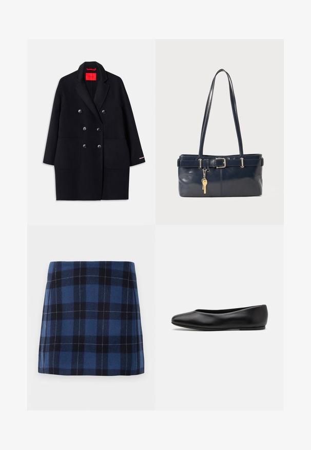 Manteau noir croisé avec de grandes poches avant, détails de boutons et une texture douce. Présente un accent rose contrastant sur les manches.; Pull sans manches gris clair avec un col et un ourlet côtelés. Présente trois appliqués floraux texturés sur le devant. Étiquette de la marque : MAX&Co.; Jupe mini en tartan bleu foncé et marine, fabriquée en tissu doux avec une finition légèrement texturée. Présente une coupe droite et des lignes épurées.; Paul Smith TOPANGA - Ballerines - black; Sac à main en cuir bleu marine avec deux longues poignées, un détail de boucle et un porte-clés accroché. Il présente une texture lisse et une forme rectangulaire.