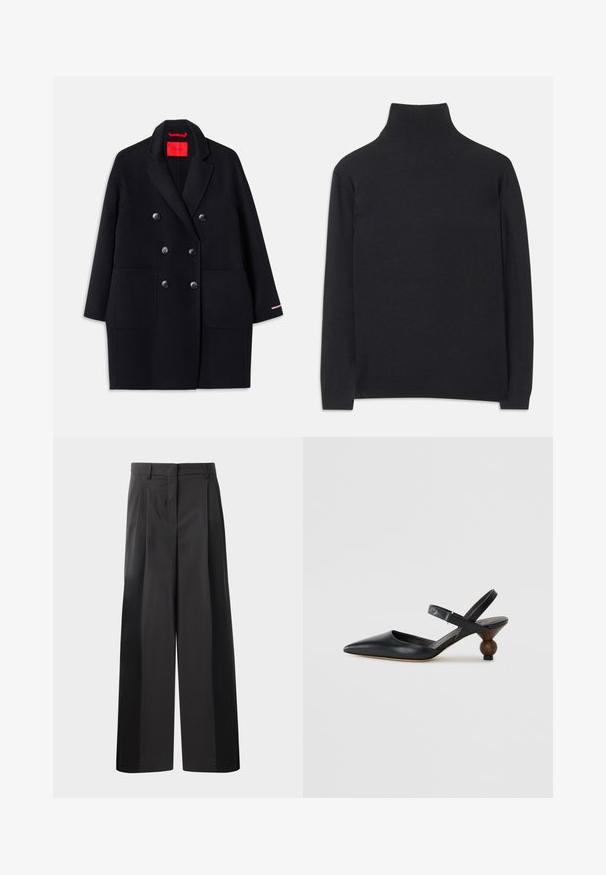 Palton negru cu două rânduri de nasturi, dotat cu buzunare mari în față, detalii cu nasturi și o textură moale. Are un accent roz contrastant pe mâneci.; Pulover negru cu guler înalt, fabricat dintr-un material moale. Are mâneci lungi, un guler înalt și manșete și tiv cu dantelă pentru un aspect ajustat.; Pantaloni negri cu talie înaltă, cu picioare largi, având pliseuri frontale, o textură netedă și un finisaj croit. Concepuți pentru o croială relaxată.; Sandal din piele neagră cu vârf ascuțit, design curbat și toc rotund asemănător cu lemnul. Dispune de o curea îngustă la gleznă.