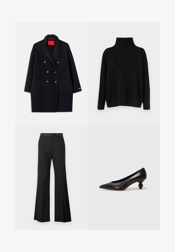 Sort dobbeltbrystet frakke med store forlommer, knapdetaljer og en blød tekstur. Har en kontrasterende lyserød accent på ærmerne.; Sort strikket sweater med høj ribstrikket krave, sænkede skuldre og en afslappet pasform. Har ribstrikkede manchetter og kant for struktur.; Sorte flared bukser med en glat stoffinish, der har en fast talje og pressede folder for et skræddersyet udseende.; Sort læder høje hæle med spids tå og rund, kugleformet hæl. Glat tekstur med et stilrent, minimalistisk design.