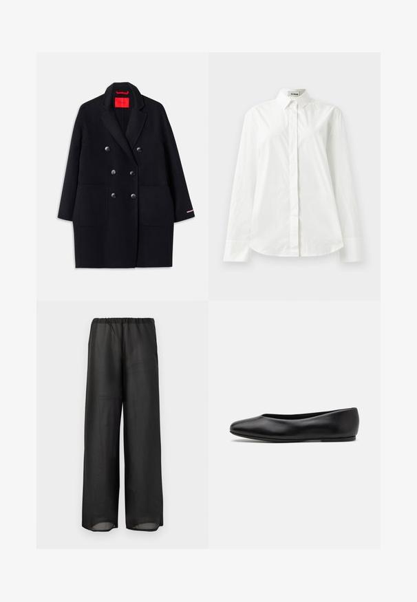 Schwarzer taillierter Doppelreiher-Koat mit großen Fronttaschen, Knopfdetails und einer weichen Textur. Mit einem kontrastierenden pinken Akzent an den Ärmeln.; Weißes Baumwollhemd mit langen Ärmeln, spitzen Kragen, Knopfverschluss vorne und abgerundetem Saum. Glatte Textur, normale Passform und keine Muster.; Schwarze weit geschnittene Hose aus leichtem, halbtransparentem Stoff mit elastischem Bund. Das Design zeichnet sich durch eine fließende und entspannte Silhouette aus.; Paul Smith TOPANGA - Klassischer Ballerina - black