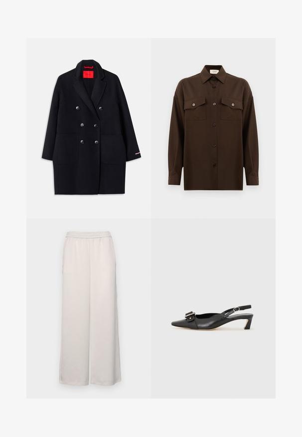 Schwarzer taillierter Doppelreiher-Koat mit großen Fronttaschen, Knopfdetails und einer weichen Textur. Mit einem kontrastierenden pinken Akzent an den Ärmeln.; Dunkelbraunes Langarmhemd mit Knopfleiste, zwei Brusttaschen mit Klappe und klassischem Kragen, vor einem schlichten weißen Hintergrund präsentiert.; Helle beige, weite Hose mit elastischem Bund. Glattes Material, lange Länge, ohne sichtbare Verzierungen oder Muster.; Schwarzer Leder Slingback-Schuh mit spitzer Zehenform, kleinem Absatz und dekorativem Schnallen-Detail auf dem Obermaterial. Glatte Textur, minimalistisches Design.