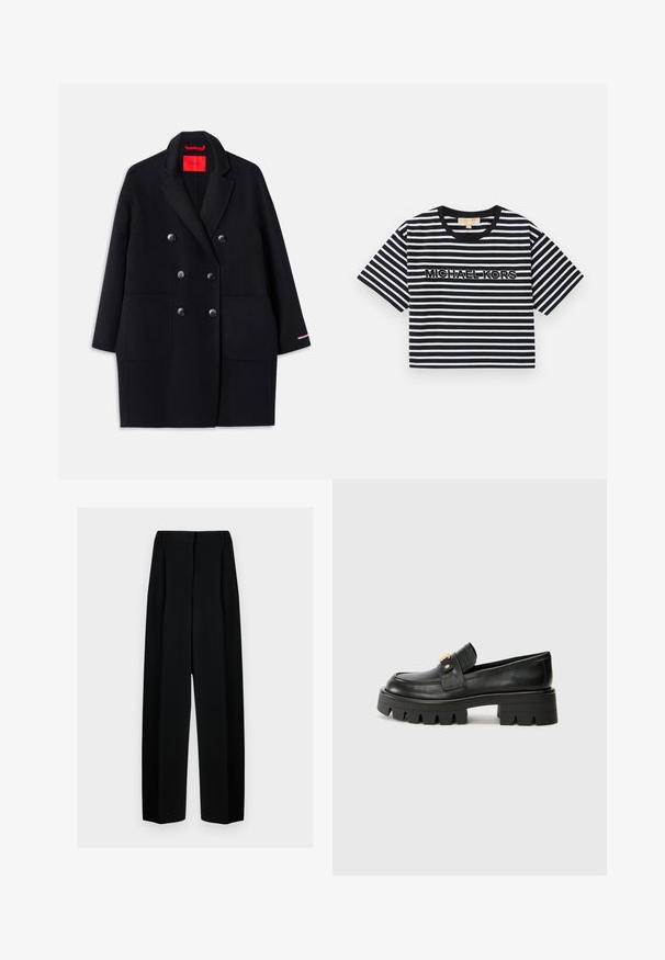 Casaco preto de duplo botão com grandes bolsos frontais, detalhes em botão e uma textura suave. Apresenta um acabamento em rosa contrastante nas mangas.; T-shirt curto, cropped, em riscas pretas e brancas com o logótipo "MICHAEL KORS" em bordado contrastante e decote redondo.; Calças largas pretas com uma cintura alta, apresentando pregas e uma textura suave. O tecido parece leve e cai elegantemente.; Mocassins de couro preto com uma sola robusta, apresentando um detalhe em tom dourado na parte da frente e um acabamento suave. Design de solado com cravos robustos.