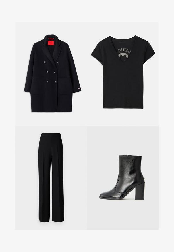 Sort dobbeltbrystet frakke med store forlommer, knapdetaljer og en blød tekstur. Har en kontrasterende lyserød accent på ærmerne.; Sort kortærmet t-shirt med en dyb V-udskæring, der har en mesh-panel og trykt design på det indre lag. Blødt og åndbart stof.; Sorte vide benbukser med en glat tekstur, der har en høj talje og centerfolder. Ingen synlige mønstre eller hardware detaljer.; Sorte læder ankelstøvler med en glat overflade, spids tå og en chunky høj hæl. Har en sidelukning og minimalistisk design.