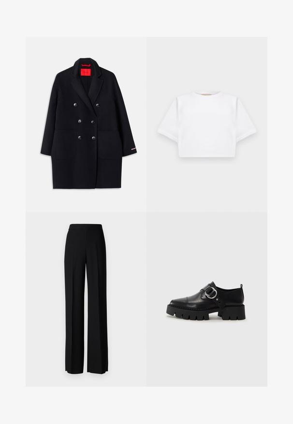 Crni dvostruko kopčani kaput s velikim prednjim džepovima, detaljima gumba i mekanom teksturom. Ima kontrastni ružičasti detalj na rukavima.; Skraćena bijela majica od mekog materijala, s kratkim rukavima, okruglim izrezom i rebrastim detaljima na rubu. Jednostavan i neukrašen dizajn.; Crne široke hlače s glatkom teksturom, s visokim strukom i središnjim pregibima. Nema vidljivih uzoraka ili hardverskih detalja.; Crne kožne cipele s debelim, rebrastim potplatom, koje imaju okrugli srebrni detalj i minimalne šavove.
