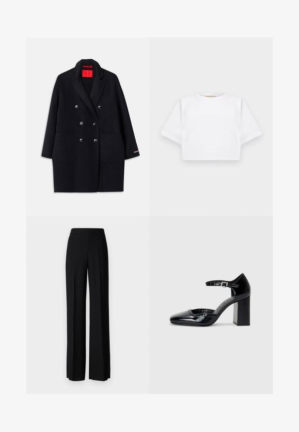 Svart dubbelknäppt kappa med stora framfickor, knappdetaljer och en mjuk struktur. Har en kontrasterande rosa accent på ärmarna.; Klippt vit t-shirt tillverkad av mjukt tyg, med korta ärmar, rund halsringning och ribbade kantdetaljer. Enkel och utan prål design.; Svarta vida byxor med en slät textur, med hög midja och centrala veck. Inga synliga mönster eller hårdvarudetaljer.; Svarta lackläders högklackade skor med fyrkantig tå, ankelrem och kraftig klack. Inkluderar perforerad detaljering längs kanten.