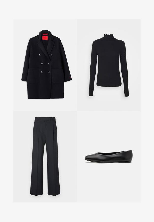 Zwarte dubbelzijdige jas met grote voorzakken, knoopdetails en een zachte textuur. Kenmerkt zich door een contrasterende roze accent op de mouwen.; Zwarte langärmelige turtleneck top van soepel stof, met een gerimpelde hals en een aansluitende silhouet met eenvoudige randen.; Donkerblauwe pinstriped broek met een hoge taille, wijde pijpen en zonder zichtbare hardware of versieringen. Glad textuur en nauwkeurige pasvorm.; Paul Smith TOPANGA - Ballerina's - black