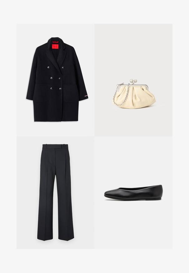 Sort dobbeltbrystet frakke med store forlommer, knapdetaljer og en blød tekstur. Har en kontrasterende lyserød accent på ærmerne.; Langærmet, lys beige top med rund halsudskæring. Lavet af blødt stof, har en central søm og let buet kant. Der er ingen synlige metaldele.; Mørkeblå stribede bukser med høj talje, vidde bendesign og ingen synlig hardware eller dekorationer. Glat tekstur og skræddersyet pasform.; Paul Smith TOPANGA - Ballerinasko - black; Plisseret beige læderclutch med en sølvmetalramme, der har to runde dekorative låse og en sølvkædetrasporte.