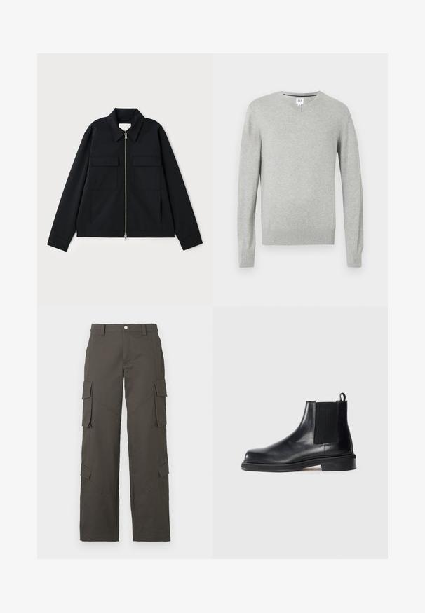Musthave musta jope, millel on kraega kaelus, esiküljel tõmblukk ja kaks rinnataskut. Valmistatud siledast kangast, millel on hästi vormitud lõige.; Kergelt hall kampsun, V-kaeluse disain, pikad varrukad, soonikkoesed ja ääred, pehme tekstuur. Brändi silt asub kaeluses.; Valge puuvillane T-särk, ümmarguse kaelusega, lühikeste varrukatega ja vabalt langeva lõikega. Sile tekstuur, ilma mustrite või kaunistusteta.; Tumedashallased sirged cargo püksid, millel on nööbikinnitus ja neli klapptaskut, kaks reitele ja kaks säärtel.; Mustmustööd mustast nahast Chelseaboot, elastse külgpaneeli, ümarate varvaste, kanna tõmbenööri ja madala klotsist tallaga, ühtlasel taustal.