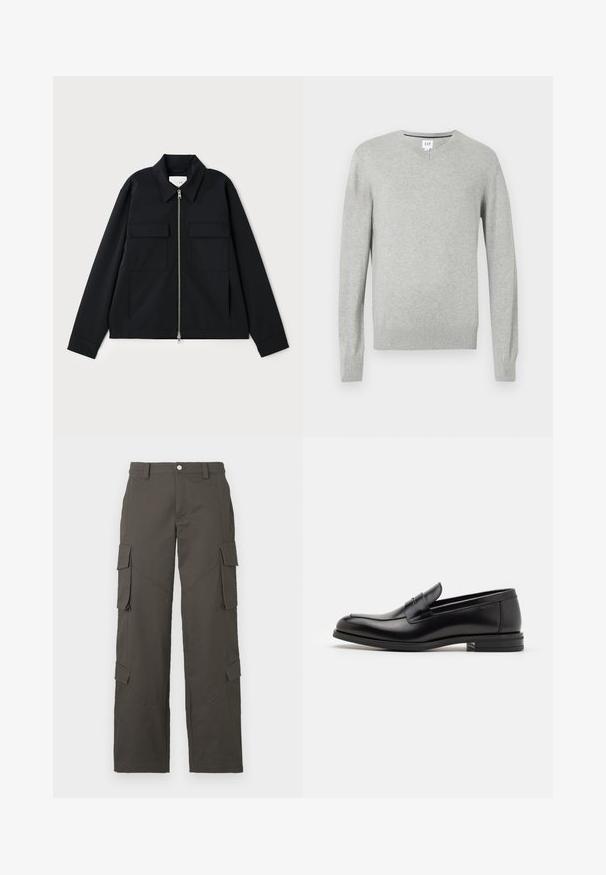 Jachetă neagră cu guler, închidere cu fermoar frontal și două buzunare pe piept. Fabricată dintr-un material neted cu o croială bine definită.; Pulover gri deschis, design cu decolteu în V, mâneci lungi, cu manșete și tiv cu jerseu, textură moale. Eticheta brandului se află la guler.; Tricou alb din bumbac, cu guler rotund, mâneci scurte și croială lejeră. Textură netedă, fără modele sau decoruri.; Pantaloni cargo drepti, de culoare gri închis, cu închidere cu nasture și patru buzunare cu clapetă, două pe coapse și două aproape de gambe.; Mocasini din piele neagră cu o textură netedă, vârf rotund și o curea decorativă peste partea superioară. Toc mic, design minimalist.