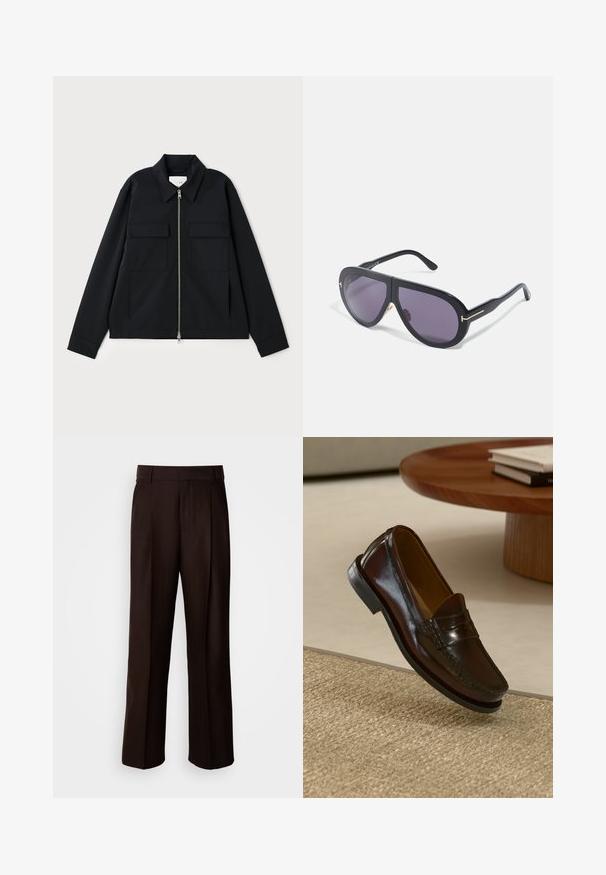 Sort jakke med krave, frontlynlås og to brystlommer. Lavet af et glat materiale med en struktureret pasform.; Hvid langærmet herreskjorte med fine lodrette grå striber, knaplukning foran og spredt krave.; Brune skræddersyede bukser med lige ben, featuring en frontfold, glat texture og klassisk talje. Egnet til formelt brug.; Brune læder loafers med en blank overflade, der har en syet detalje over fronten og en lavprofil sort gummisål.; Sorte solbriller med overdimensionerede, vinklede stel, mørkelilla linser og guldfarvede detaljer på stængerne. Mat finish med glat tekstur.