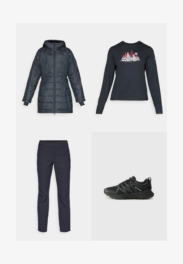 Padded tamno sivi kaput s kapuljačom, s prednjim zatvaračem, kviltanim dizajnom, dugim rukavima i elastičnim manžetama.; Majica dugih rukava tamnosive boje s grafikom crvenih drveća i planina; logo "COLUMBIA" u podebljanom bijelom tekstu. Mekana tkanina, standardni okrugli izrez.; Pantalone tamnoplave boje od glatkog materijala, s prednjim kopčanjem na dugme, uskim krojem i pregibima na koljenima.; Columbia PEAKFREAK - Obuća za pješačenje - black
