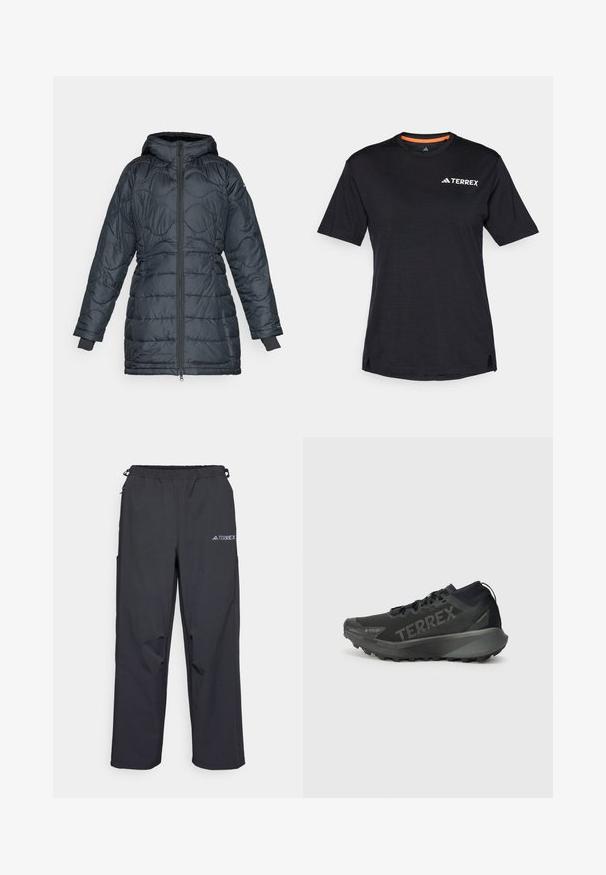 Padded dark gray jacket with a hood, featuring a front zipper, quilted design, long sleeves, and elastic cuffs.; Black short-sleeve T-shirt with round neckline, featuring a subtle heather texture and white "TERREX" logo on the upper left side.; Black, lightweight outdoor pants with an elastic waistband, side pockets, and a logo on the upper right leg. Smooth, water-resistant fabric.; Black Terrex running shoe with a textured upper, rigid sole, and prominent branding. Features a cushioned heel for support and traction.