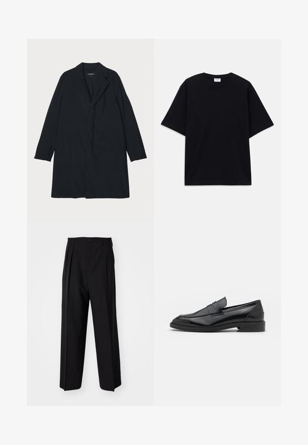 Manteau long noir avec un col cranté, en matériau léger, comportant des poches latérales et une silhouette droite. Texture lisse, design minimaliste.; T-shirt noir à manches courtes oversize avec un col rond et une étiquette de marque Filippa K visible à l'intérieur du col.; Pantalons plissés noirs avec un design droit et large. Fabriqués en tissu lisse, avec une fermeture à bouton et des passants de ceinture.; Mocassins en cuir noir avec une finition lisse, dotés d'un bout arrondi et d'une bande étroite sur le dessus. Talon bas empilé.